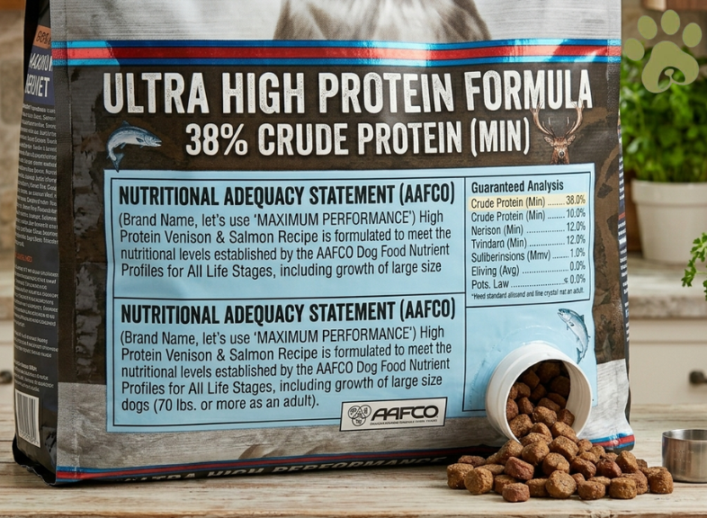 Bag-of-high-protein-dog-food-with-AAFCO-complete-and-balanced-statement-closeup