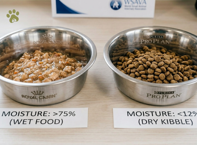 Close up comparison of wet versus dry pet food in stainless steel bowls with moisture labels
