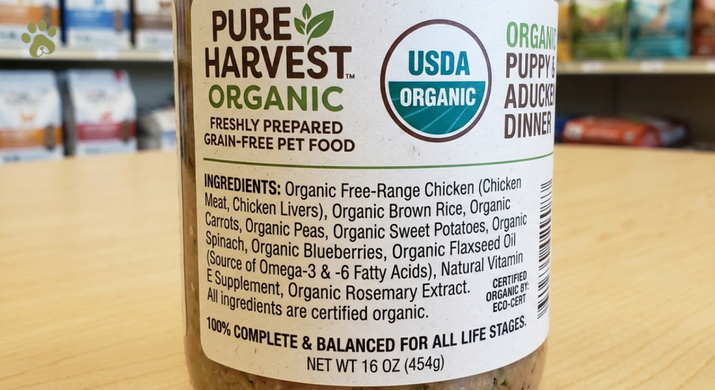 Close-up-of-pet-food-label-showing-organic-certification-seal-and-ingredients