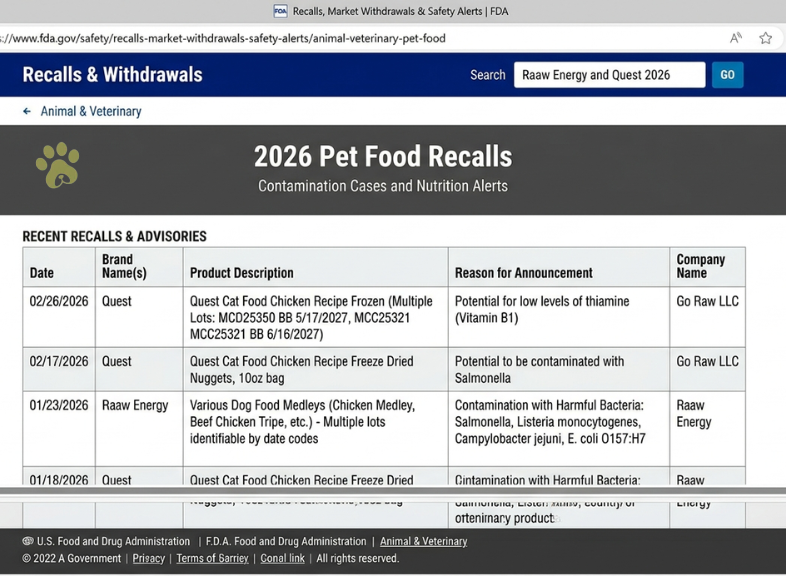 FDA pet food recall list screenshot showing Raaw Energy and Quest 2026 contamination cases
