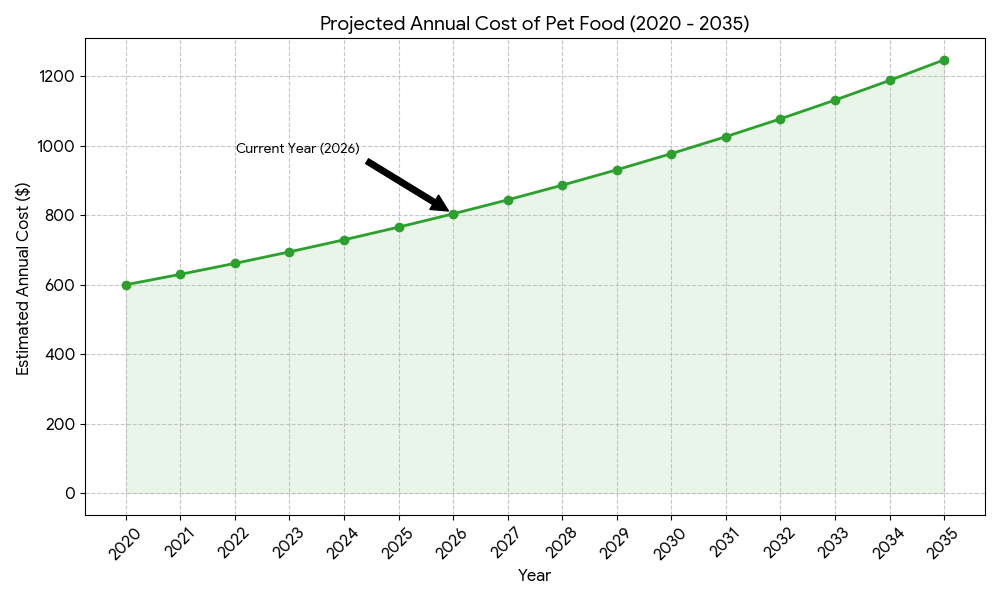 Graph showing rising annual cost of pet food from 2020 to 2035 with inflation data