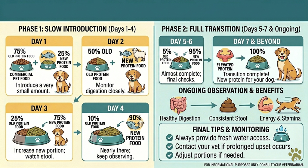 Infographic-showing-7-day-transition-schedule-for-new-protein-dog-food