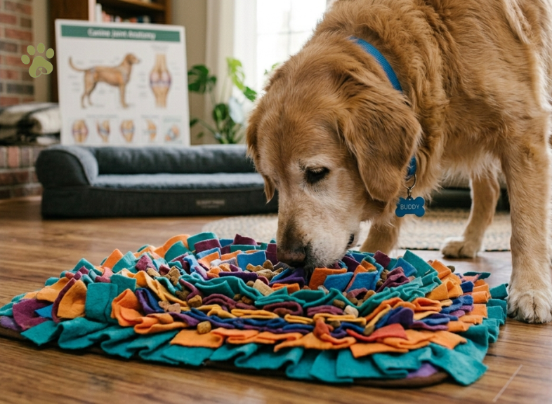 Senior dog eating from snuffle mat to treat canine cognitive dysfunction