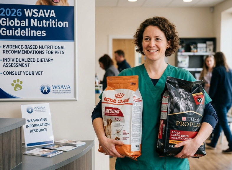 Veterinarian holding Royal Canin and Purina Pro Plan pet food bags 2026 WSAVA guidelines