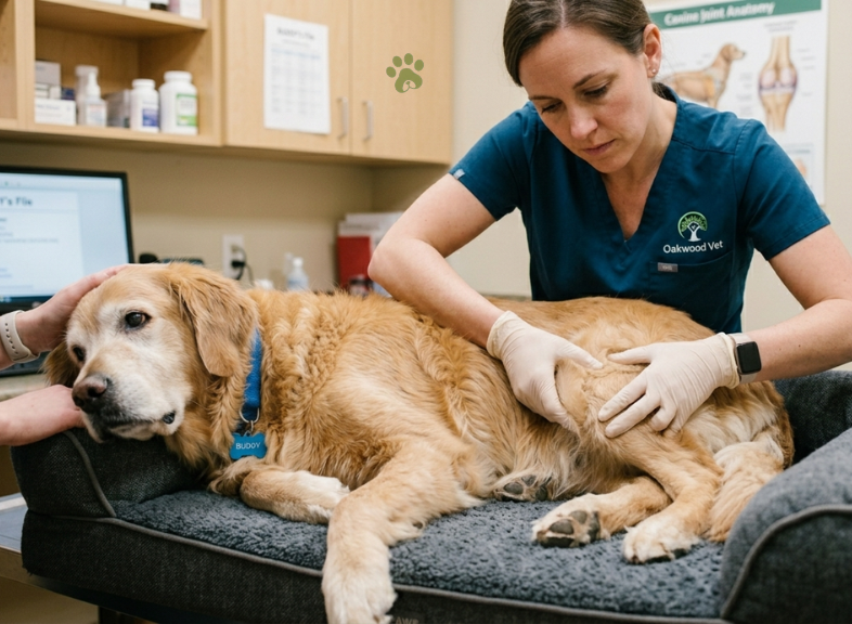 Veterinarian performing pain palpation on senior dog arthritis back legs