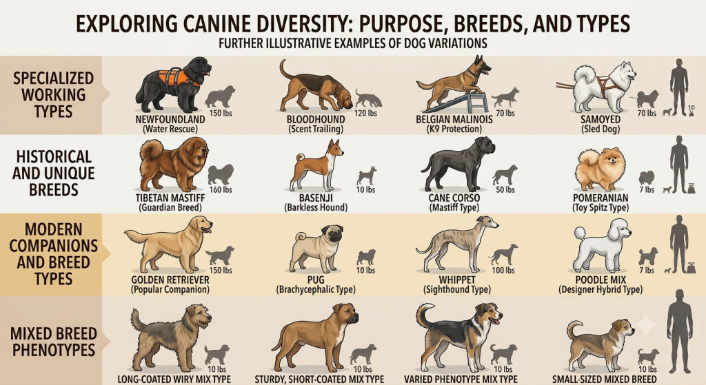 Comparison chart showing types of dogs from Toy breeds to Working Group giants