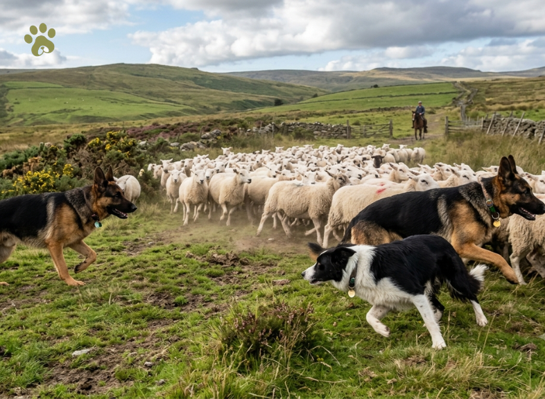 Types of dogs Herding Group breeds like German Shepherd and Border Collie working together