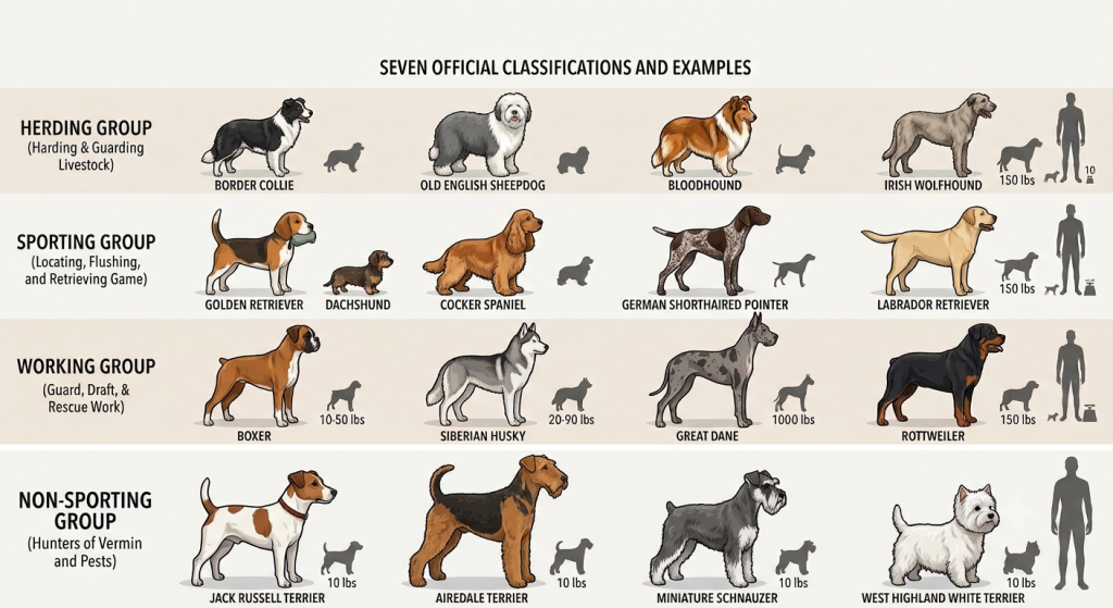 Types of dogs infographic showing the 7 AKC breed groups with examples